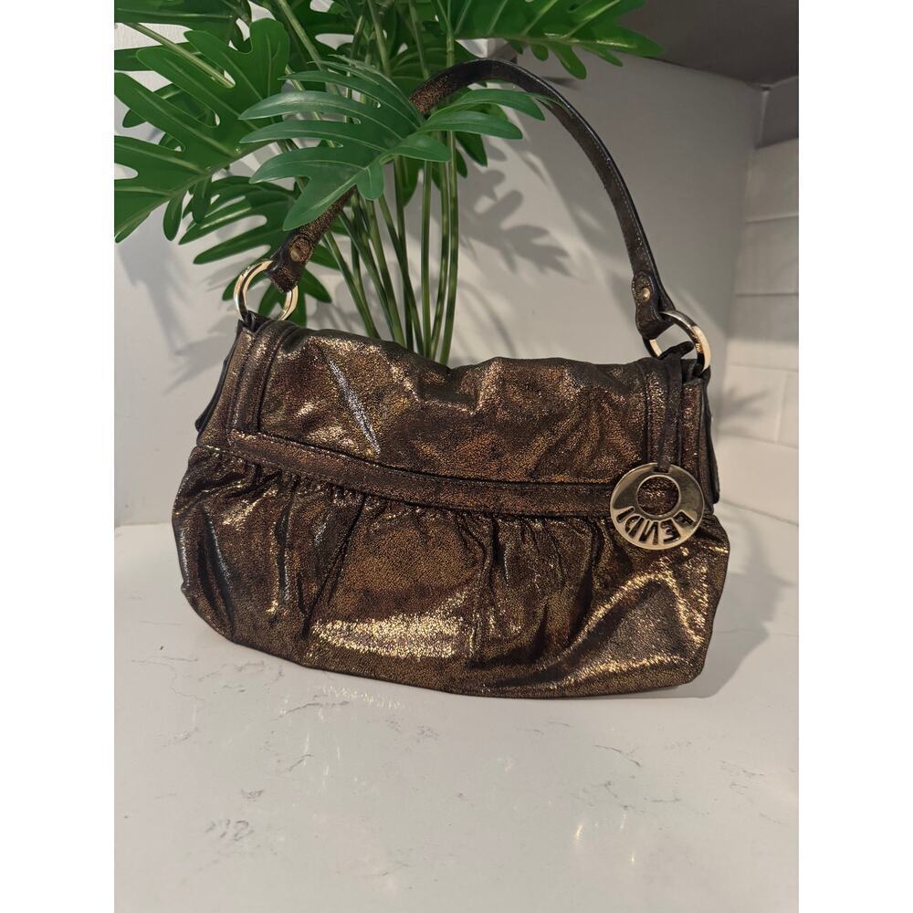 Fendi Metallic Bronze Leather Baguette Shoulder Bag Suede Interior Authentic COA - Picture 2 of 7